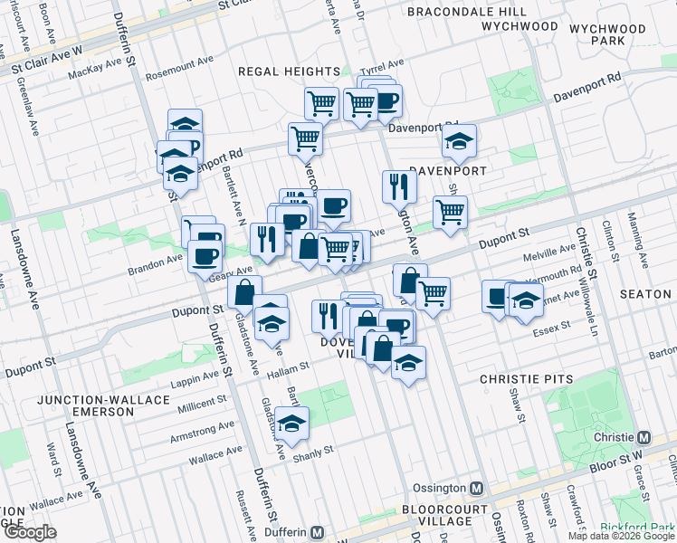 map of restaurants, bars, coffee shops, grocery stores, and more near 900 Dovercourt Road in Toronto