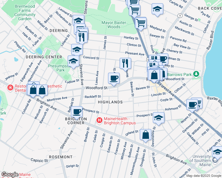 map of restaurants, bars, coffee shops, grocery stores, and more near 298 Woodford Street in Portland