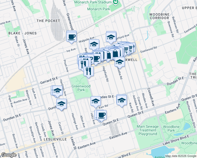map of restaurants, bars, coffee shops, grocery stores, and more near in Toronto