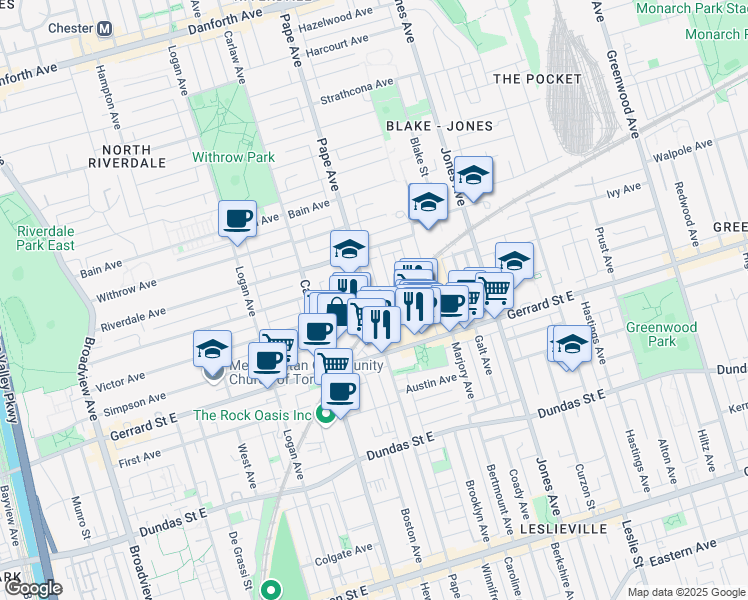 map of restaurants, bars, coffee shops, grocery stores, and more near 345 Pape Avenue in Toronto