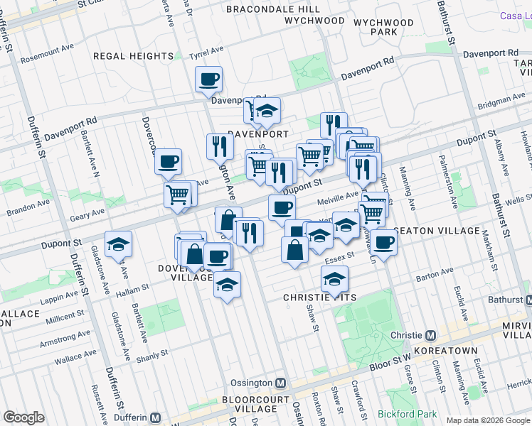 map of restaurants, bars, coffee shops, grocery stores, and more near 1026 Shaw Street in Toronto