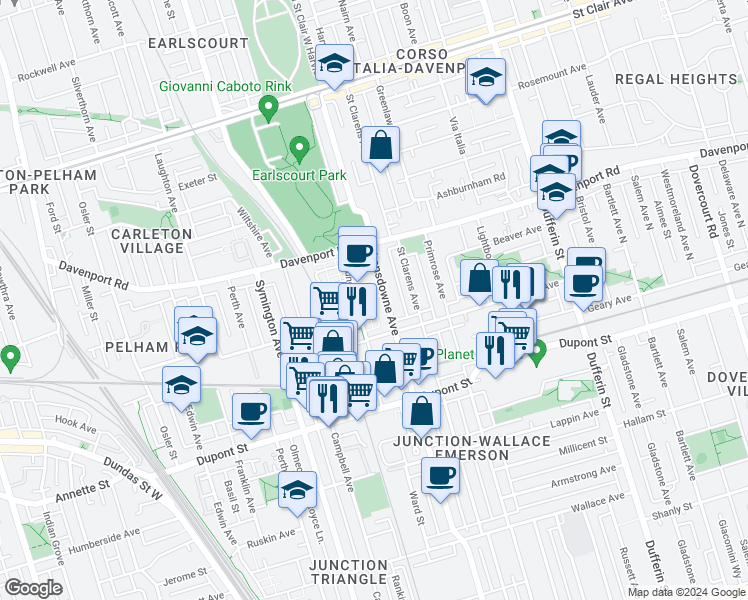 map of restaurants, bars, coffee shops, grocery stores, and more near 1123 Lansdowne Avenue in Toronto