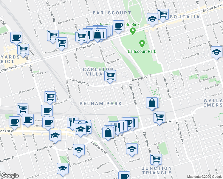map of restaurants, bars, coffee shops, grocery stores, and more near in Toronto