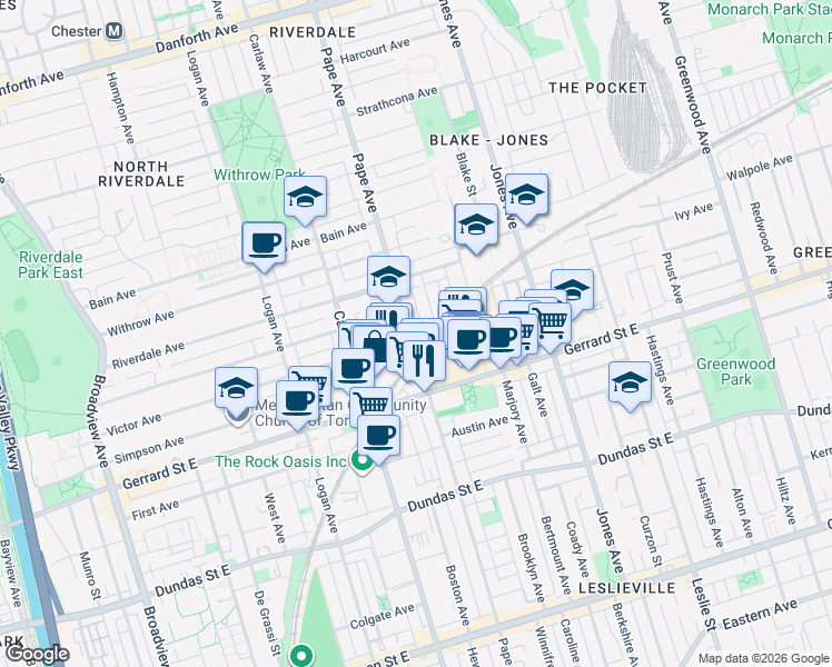 map of restaurants, bars, coffee shops, grocery stores, and more near 345 Pape Avenue in Toronto