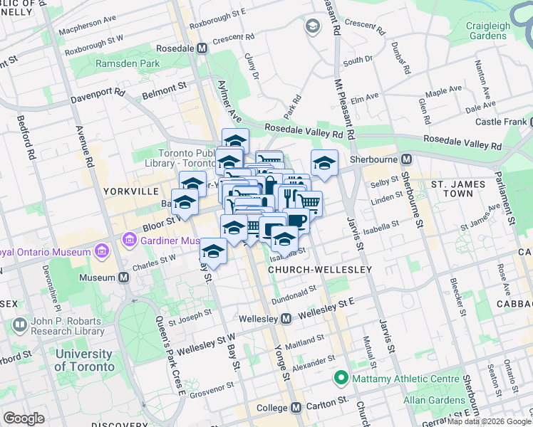 map of restaurants, bars, coffee shops, grocery stores, and more near 30 Hayden Street in Toronto
