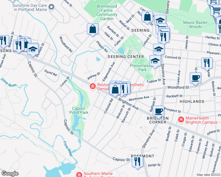 map of restaurants, bars, coffee shops, grocery stores, and more near 14 Columbia Road in Portland