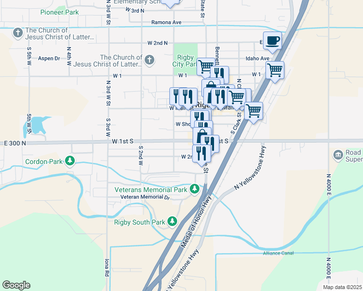map of restaurants, bars, coffee shops, grocery stores, and more near 150 West 2nd South in Rigby