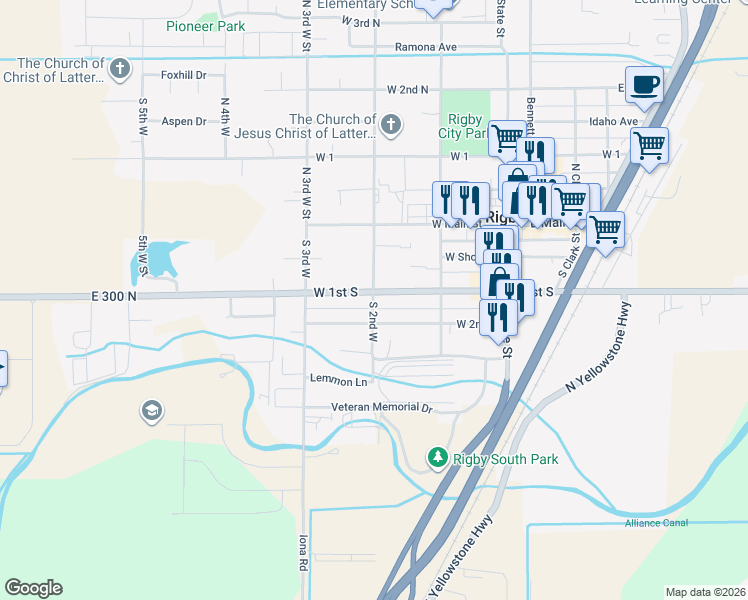 map of restaurants, bars, coffee shops, grocery stores, and more near 218 South 2nd West in Rigby