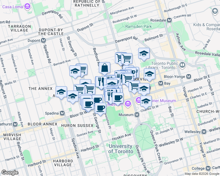 map of restaurants, bars, coffee shops, grocery stores, and more near 21 Bedford Road in Toronto
