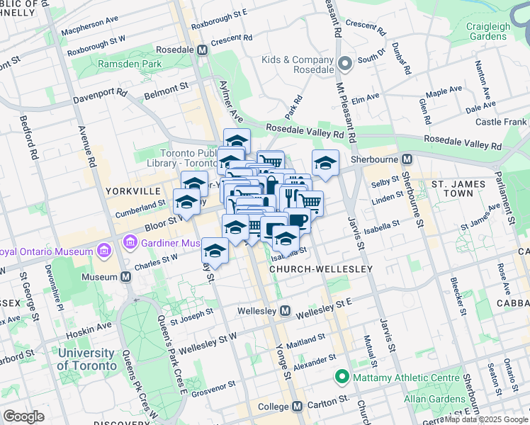 map of restaurants, bars, coffee shops, grocery stores, and more near 30 Hayden Street in Toronto