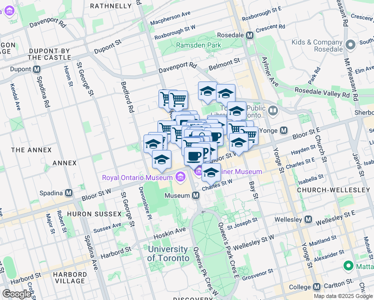 map of restaurants, bars, coffee shops, grocery stores, and more near 178 Cumberland Street in Toronto
