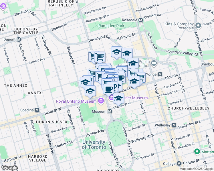 map of restaurants, bars, coffee shops, grocery stores, and more near 200 Cumberland Street in Toronto