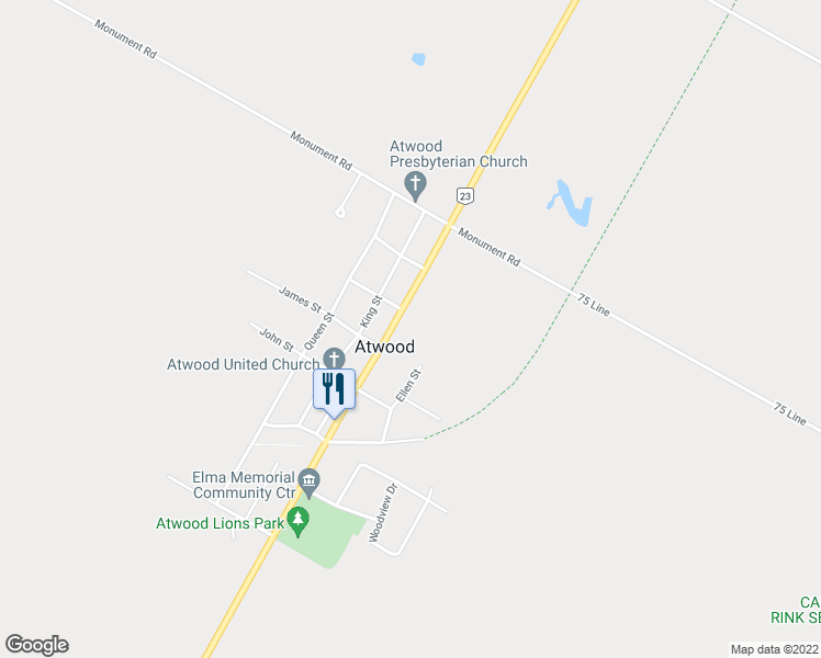 map of restaurants, bars, coffee shops, grocery stores, and more near 167 Main Street in Atwood