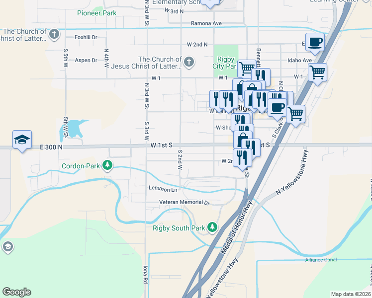 map of restaurants, bars, coffee shops, grocery stores, and more near 258 West 2nd South in Rigby