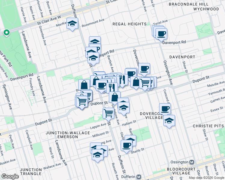 map of restaurants, bars, coffee shops, grocery stores, and more near 200 Geary Avenue in Toronto