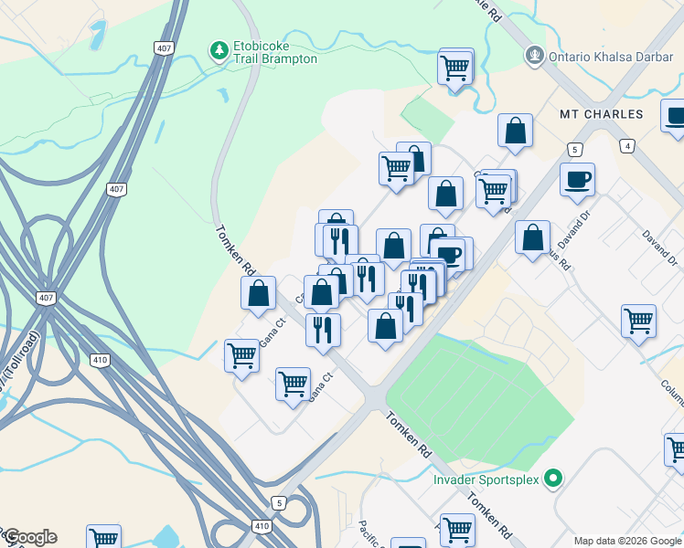 map of restaurants, bars, coffee shops, grocery stores, and more near 1076 Cardiff Boulevard in Mississauga