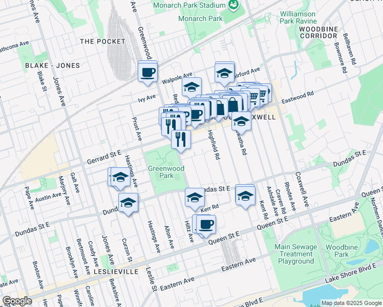 map of restaurants, bars, coffee shops, grocery stores, and more near 22 Athletic Avenue in Toronto