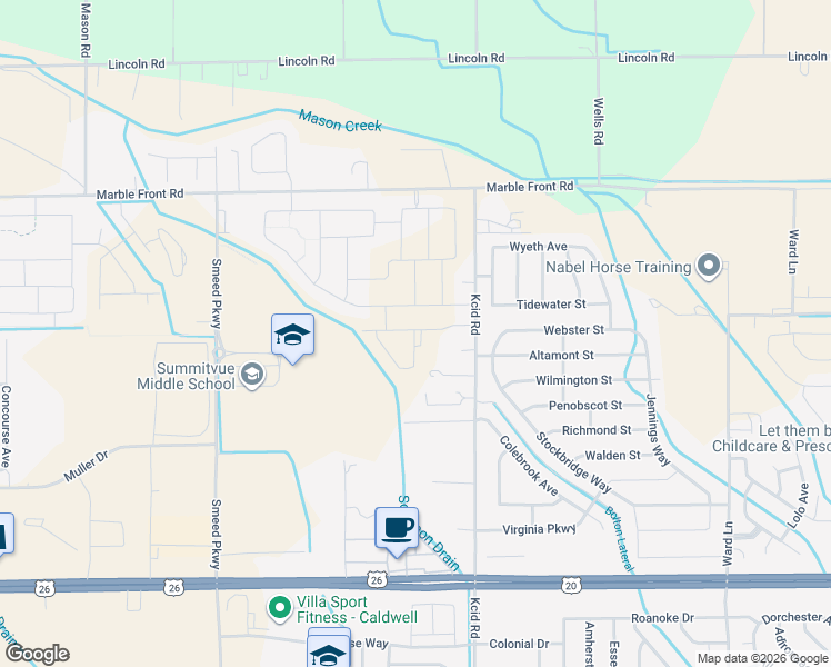 map of restaurants, bars, coffee shops, grocery stores, and more near 116 South Kcid Road in Caldwell