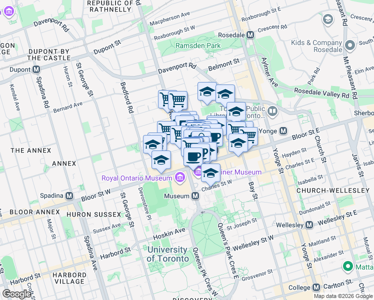 map of restaurants, bars, coffee shops, grocery stores, and more near 188 Cumberland Street in Toronto