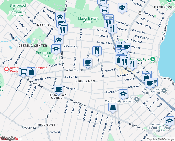 map of restaurants, bars, coffee shops, grocery stores, and more near 278 Woodford Street in Portland