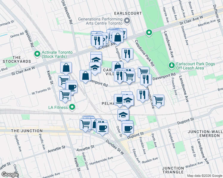 map of restaurants, bars, coffee shops, grocery stores, and more near 2015 Davenport Road in Toronto