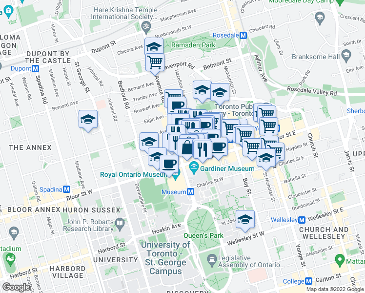 map of restaurants, bars, coffee shops, grocery stores, and more near 178 Cumberland Street in Toronto