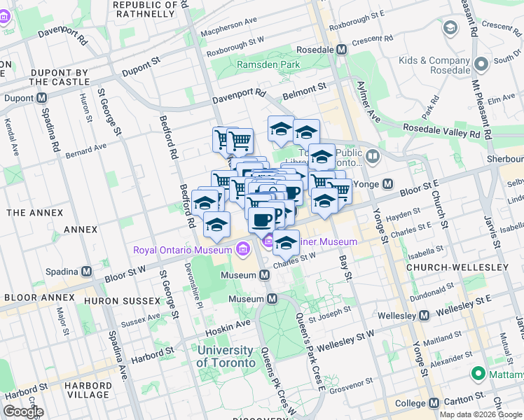 map of restaurants, bars, coffee shops, grocery stores, and more near 162 Cumberland Street in Toronto