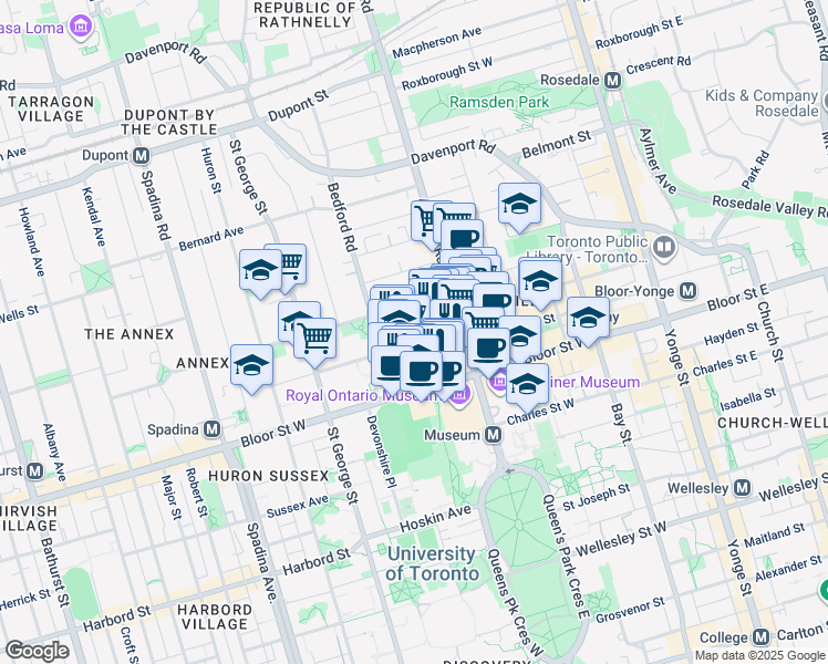 map of restaurants, bars, coffee shops, grocery stores, and more near 20 Prince Arthur Avenue in Toronto