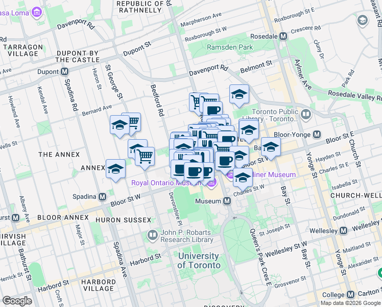 map of restaurants, bars, coffee shops, grocery stores, and more near 20 Prince Arthur Avenue in Toronto