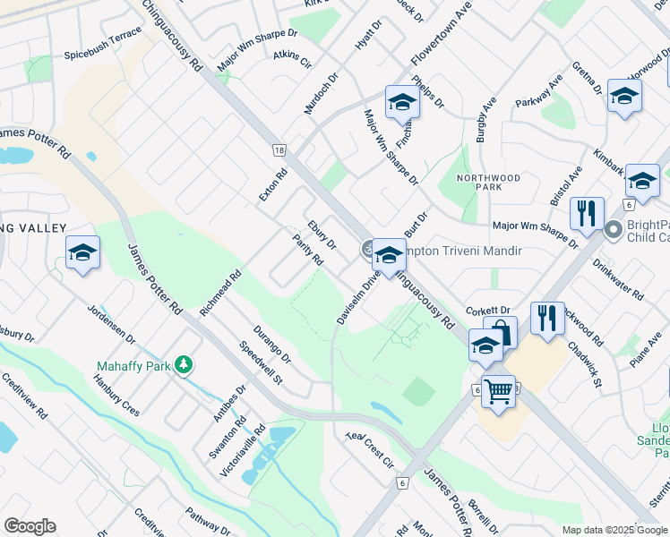 map of restaurants, bars, coffee shops, grocery stores, and more near 15 Parity Road in Brampton