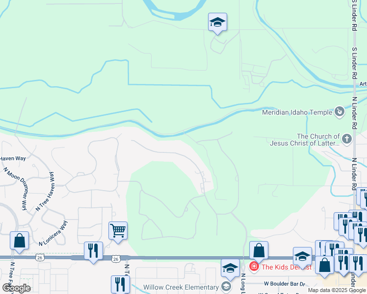 map of restaurants, bars, coffee shops, grocery stores, and more near 7036 North Spurwing Way in Meridian