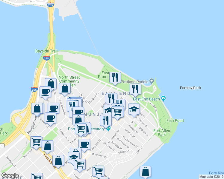 map of restaurants, bars, coffee shops, grocery stores, and more near 63 Emerson Street in Portland