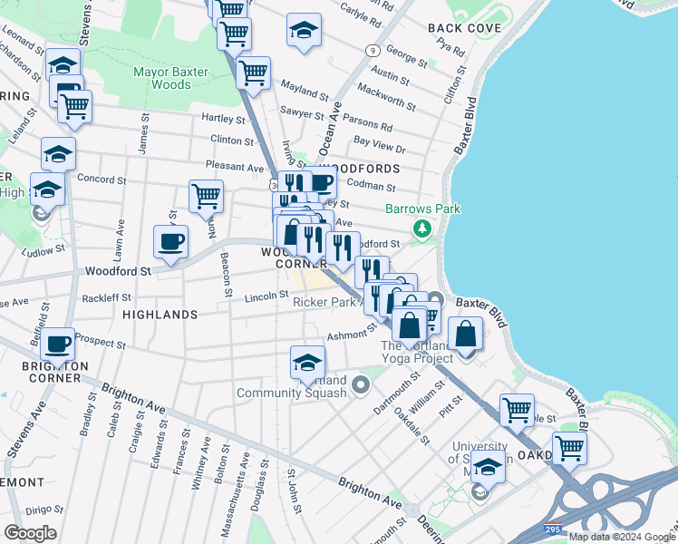 map of restaurants, bars, coffee shops, grocery stores, and more near 616 Forest Avenue in Portland