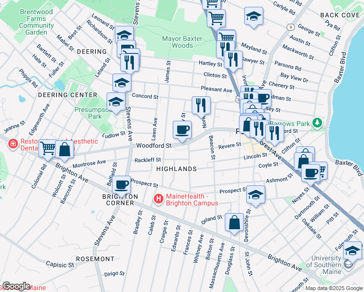 map of restaurants, bars, coffee shops, grocery stores, and more near 130 Highland Street in Portland