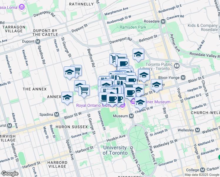 map of restaurants, bars, coffee shops, grocery stores, and more near 23 Prince Arthur Avenue in Toronto