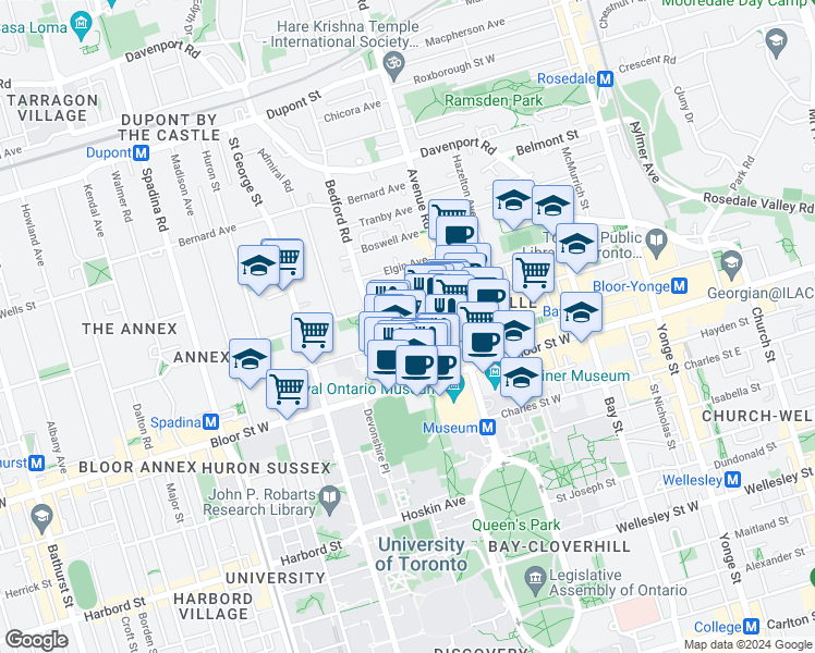 map of restaurants, bars, coffee shops, grocery stores, and more near in Toronto