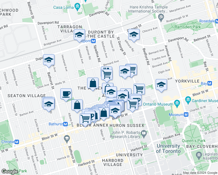 map of restaurants, bars, coffee shops, grocery stores, and more near in Toronto