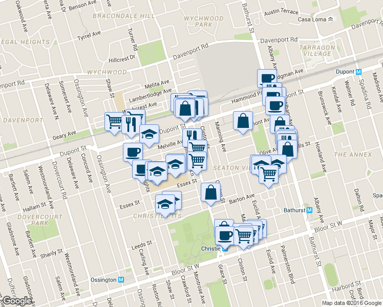 map of restaurants, bars, coffee shops, grocery stores, and more near in Toronto