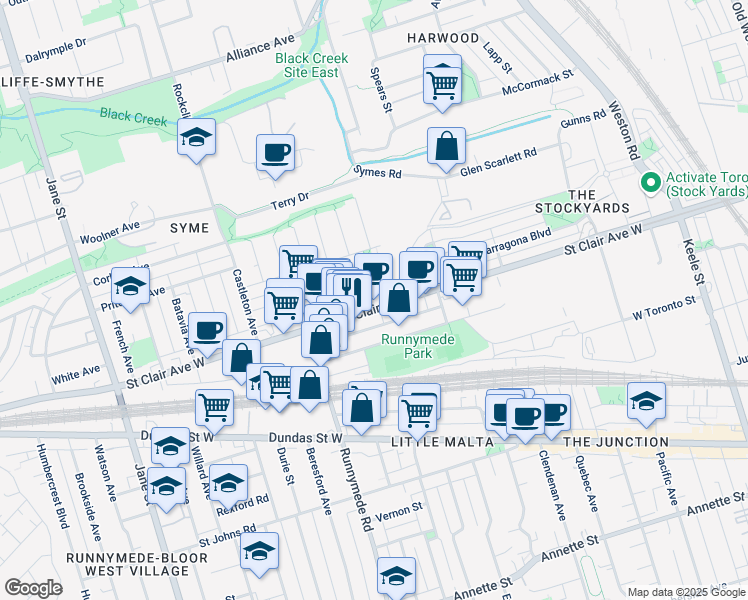 map of restaurants, bars, coffee shops, grocery stores, and more near in Toronto