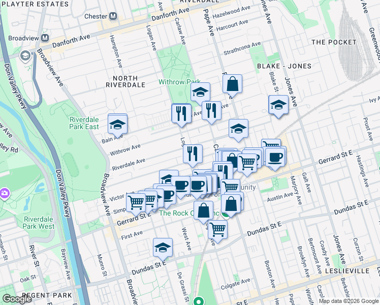 map of restaurants, bars, coffee shops, grocery stores, and more near in Toronto