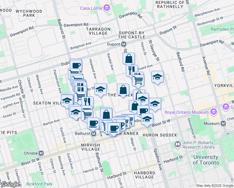 map of restaurants, bars, coffee shops, grocery stores, and more near 12 Kendal Avenue in Toronto