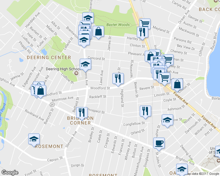 map of restaurants, bars, coffee shops, grocery stores, and more near 298 Woodford St in Portland