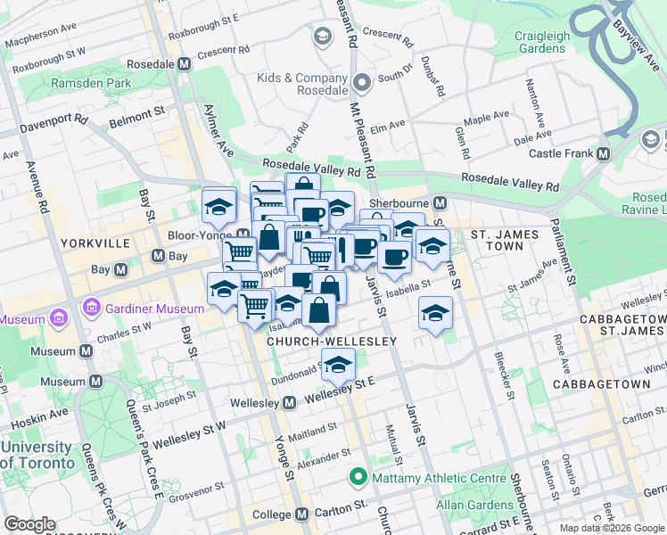 map of restaurants, bars, coffee shops, grocery stores, and more near 88 Charles Street East in Toronto