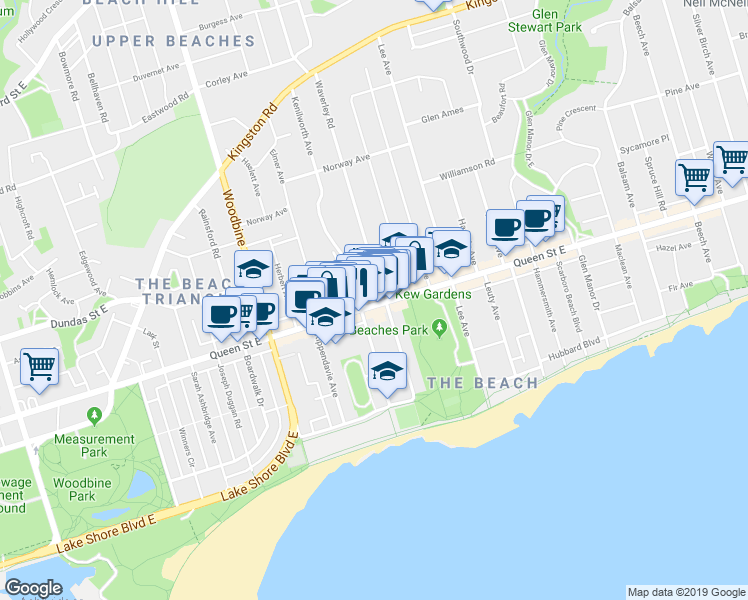 map of restaurants, bars, coffee shops, grocery stores, and more near 1974 Queen Street East in Toronto