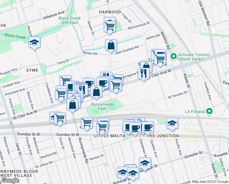 map of restaurants, bars, coffee shops, grocery stores, and more near 2255 Saint Clair Avenue West in Toronto