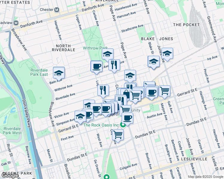 map of restaurants, bars, coffee shops, grocery stores, and more near in Toronto