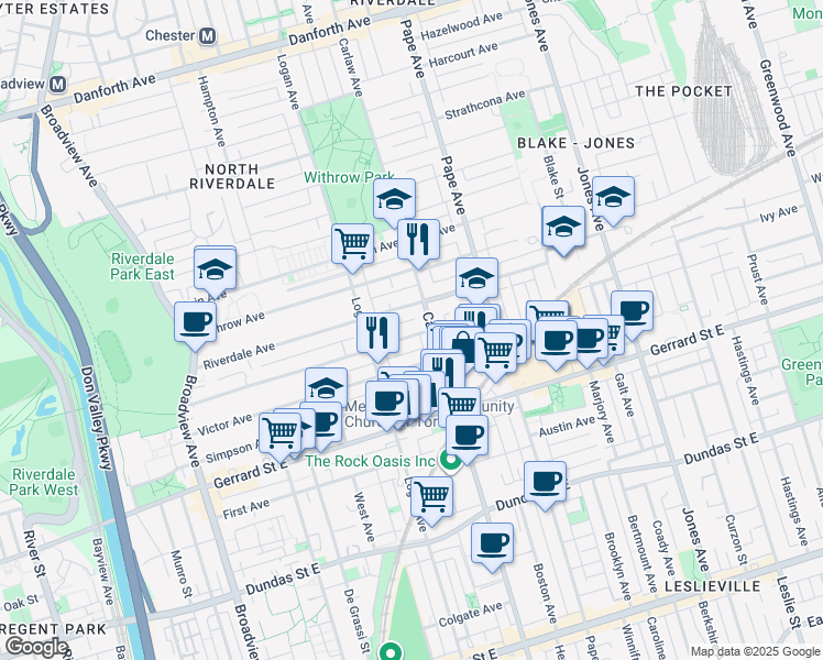 map of restaurants, bars, coffee shops, grocery stores, and more near 188 Langley Avenue in Toronto
