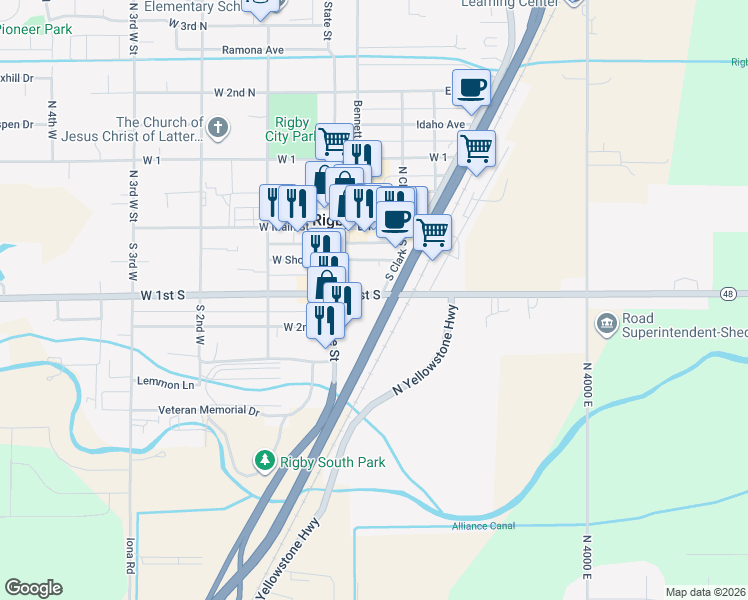 map of restaurants, bars, coffee shops, grocery stores, and more near 160 East 1st South in Rigby