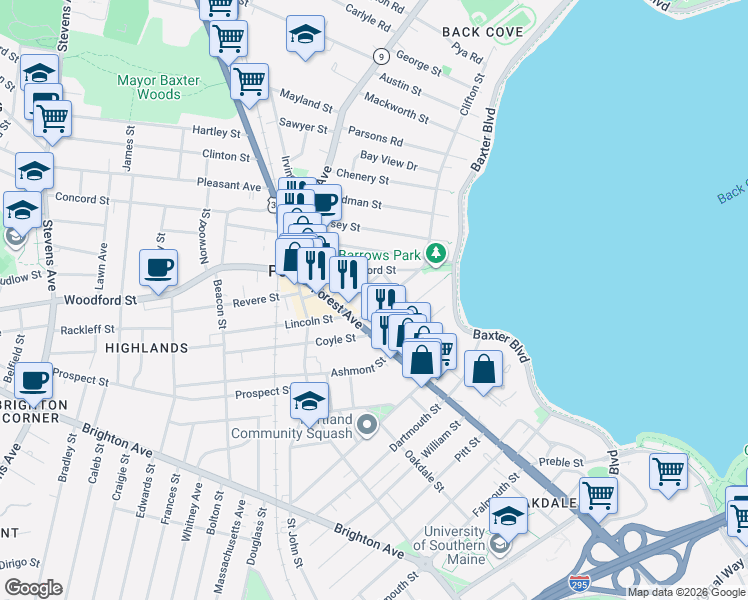map of restaurants, bars, coffee shops, grocery stores, and more near 22 Clifton Street in Portland