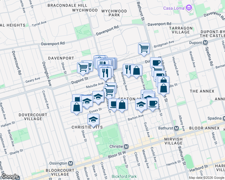 map of restaurants, bars, coffee shops, grocery stores, and more near in Toronto